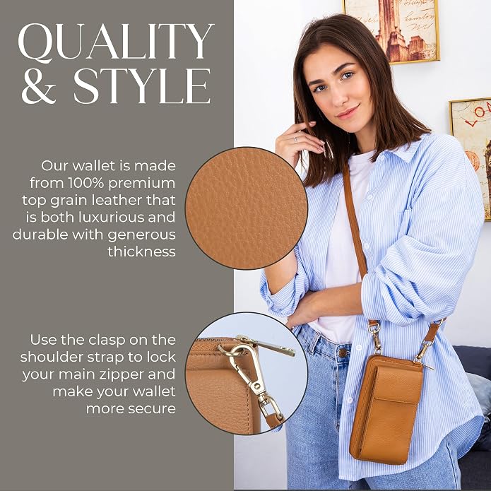 BULL GUARD Crossbody Leather Wallet Phone Purse, Anti Theft and RFID Blocking, Elegant Design for Travel