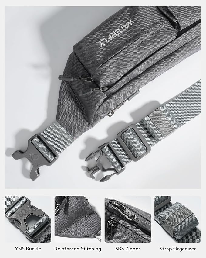 WATERFLY Small Crossbody Fanny Pack: 5 Pocket Slim Lightweight Waist Belt Hip Bag for Women Men Water Resistant Chest Pouch for Travel Hiking Running Walking Fit All Phones - Gray