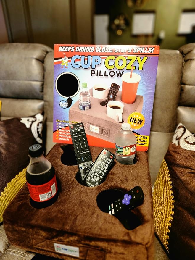 The Original Cup Cozy Pillow Gray-As Seen on TV-The World's Best Couch/Bed/Car Cup Holder for Drinks/Snacks/Remotes! (Brown, 5 Hole)