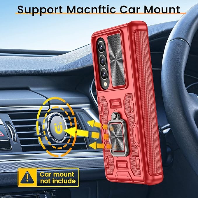 VEGO for Galaxy Fold 4 Case, Samsung Z Fold 4 with Slide Camera Cover | Hinge Protection & Screen Protector, Built-in 360° Magnetic Ring Stand Case for Samsung Galaxy Z Fold 4 5G 2022 - Red