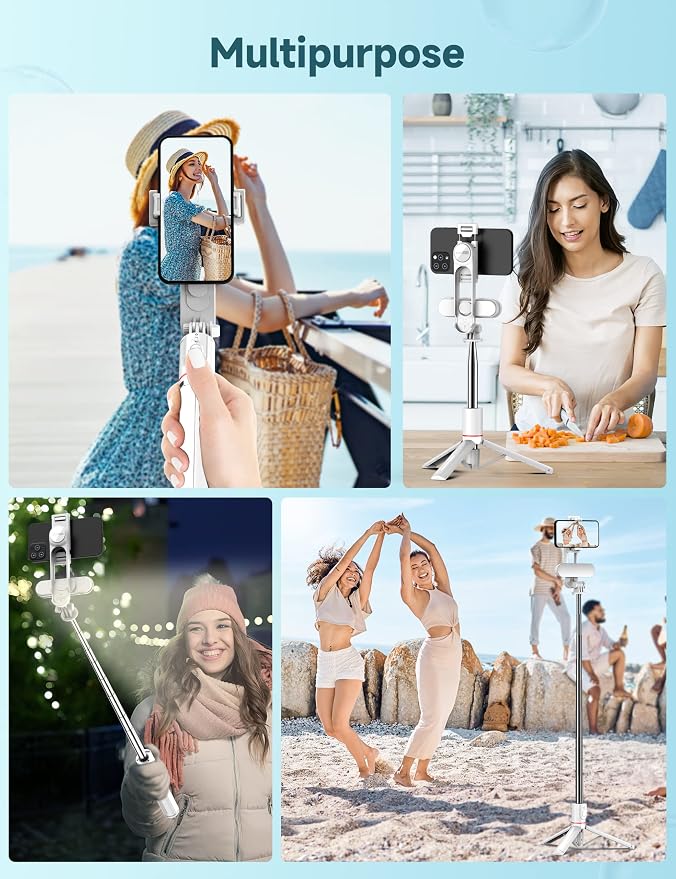Stable Selfie Stick Tripod with Fill Light, 44 Inch Extendable Selfie Stick with Wireless Remote and Tripod Stand 360 Rotation for iPhone 15/14/13/12/11 Pro/XS Max/XR/X, Samsung and Smartphone (White)