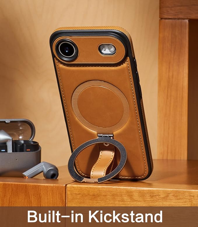 for iPhone Air Leather Case with Stand, Anti-Slip Grip Ring, Fits for MagSafe (Brown, iPhone Air)
