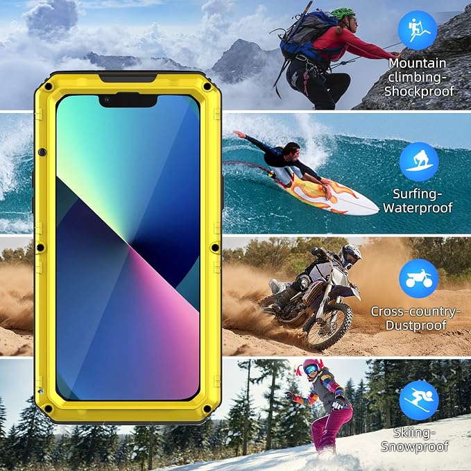 Mitywah Waterproof Case for iPhone 13, Heavy Duty Military Grade Drop Protection Phone Case with Built-in Screen Protector, 360° Full Body Protection Metal Armor Dropproof Case 6.1 inch, Yellow