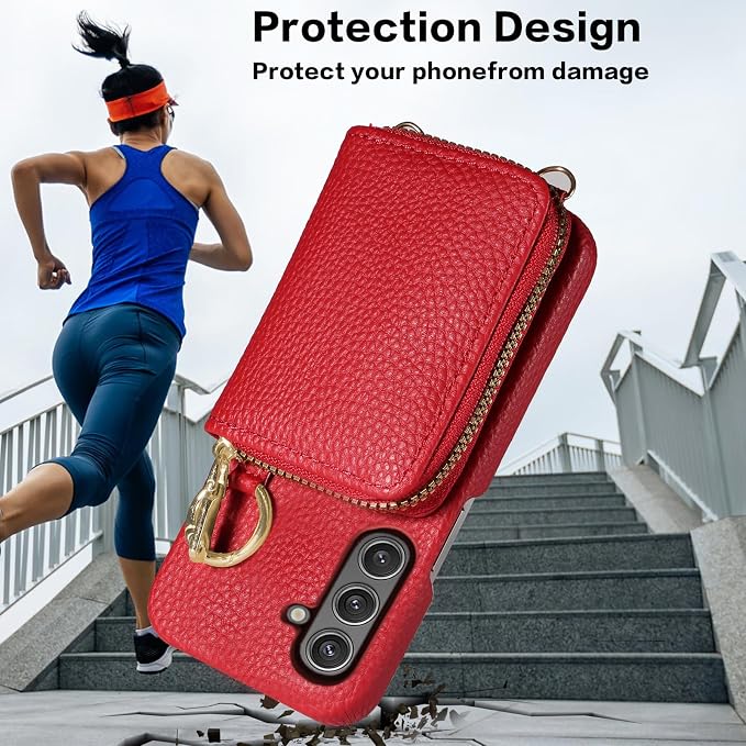 Wallet Case for Samsung Galaxy A54 5G with Shoulder Strap Ring Buckle, Luxury PU Leather Zipper Flip Organ Purse, Card Holder Stand Full Body Phone Cover for A545G A 54 54A 4G G5 SM A546U Red