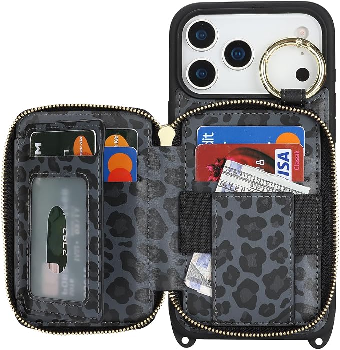 Crossbody Wallet Case for iPhone 17 Pro Max, PU Leather Zipper Handbag Purse Flip Cover, Kickstand Folio Case with Card Slots Holder Wrist Strap Lanyard 5G 6.9 Inch-Black Leopard