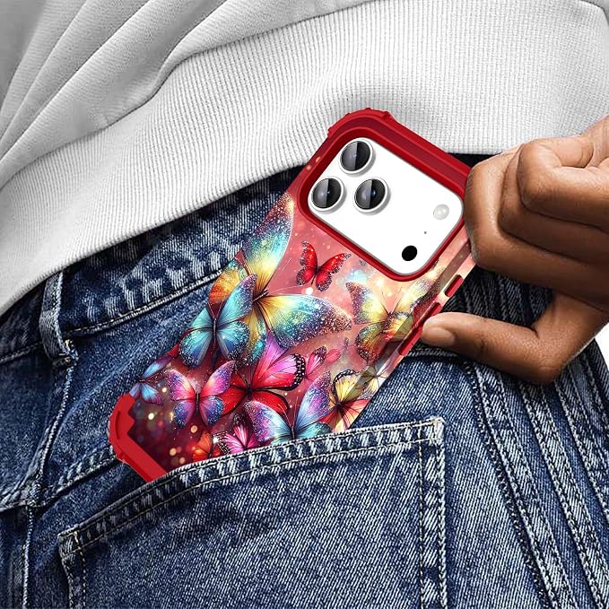 Hocase for iPhone 17 Pro Case 6.3", Heavy Duty Shockproof Protection Soft Silicone Rubber+Hard Plastic Bumpers Hybrid Protective Case for iPhone 17 Pro 2025 - Shimmering Butterflies in Red