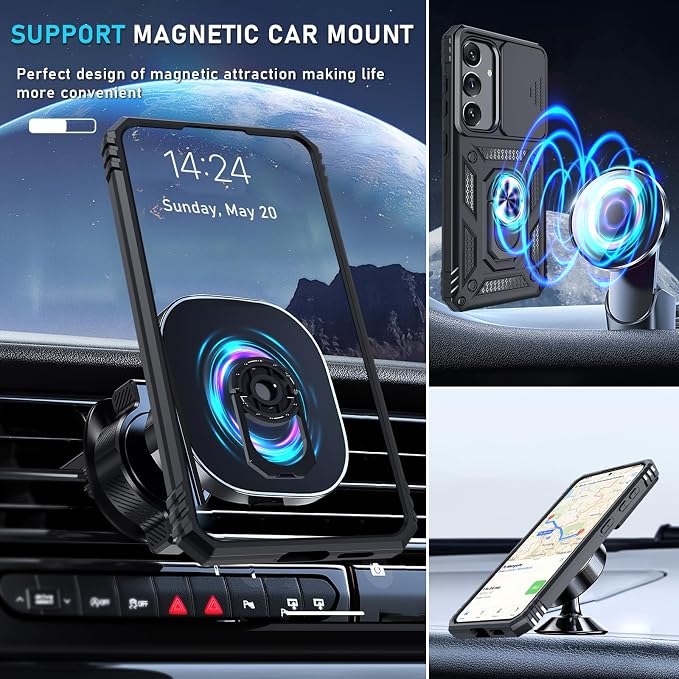 Janmitta Compatible with Samsung Galaxy S25 Plus/S24 Plus Case Built in Slide Camera Lens Cover+Screen Protector+Finger Ring Holder Kickstand,Heavy Duty Shockproof Full Body Phone Cover,Black