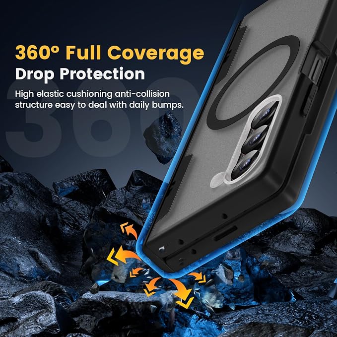 Caka Magnetic for Samsung Galaxy Z Fold 6 Case with Hinge Protection Black | Compatible with MagSafe, Built-in Outer Screen Protector, Hinge Guard, Translucent Matte Back, 360° Hybrid Drop Defense
