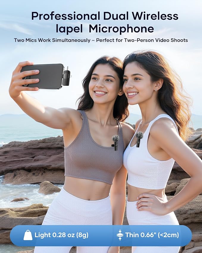 Wireless Microphone for iPhone iPad Android Phone and Camera, 2 Pack Wireless Lavalier Lapel Mic with Noise Reduction, 3 in 1 Mini Microphone for Video Recording Interview Podcast YouTube TikTok Vlog