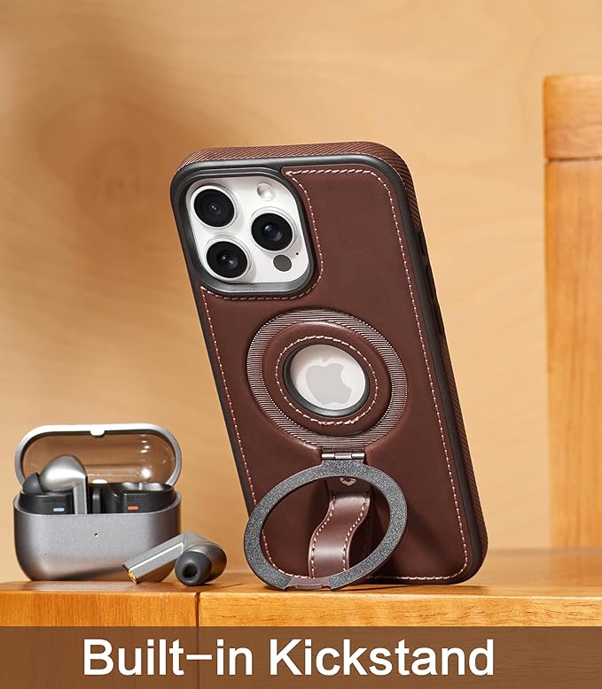 for iPhone 16 Pro Leather Case with Stand, Anti-Slip Grip Ring, Fits for MagSafe (Cocoa, iPhone 16 Pro)