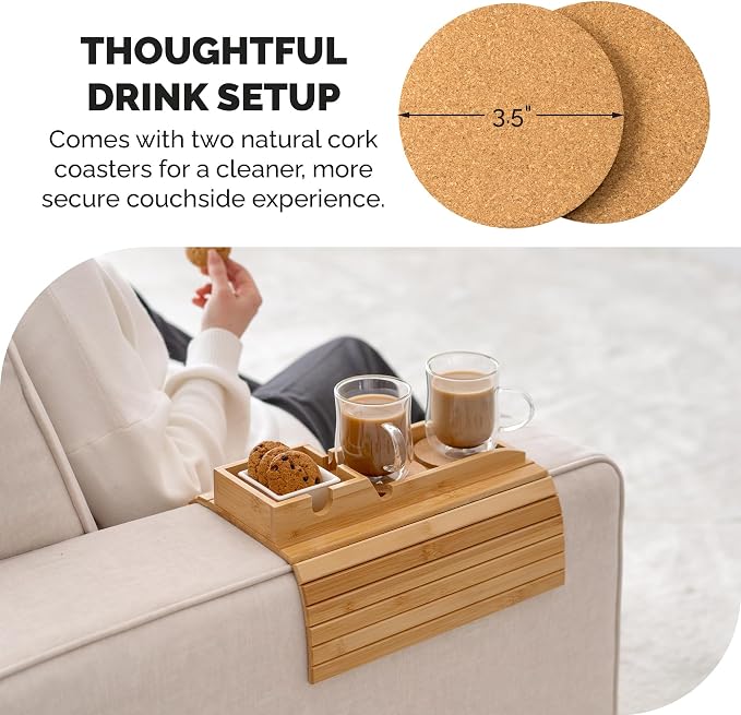 Bamboo Sofa Arm Tray Table with Cup Holder & 2 Cork Coasters, Phone Slot & Charging Cable Holder, Foldable Couch Arm Tray with Non Slip Base, Couch Cup Holder for Drinks, Remote, Snacks