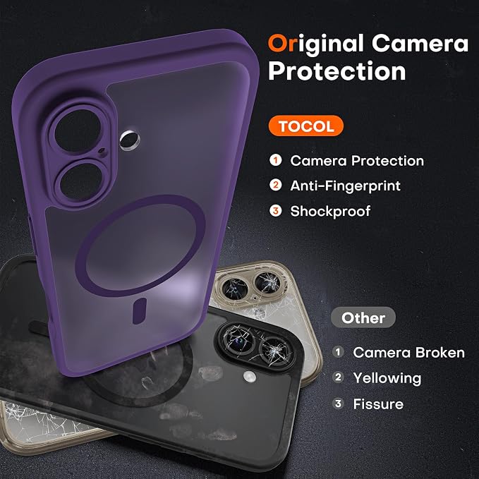 TOCOL for Phone 16 Case, Compatible with Magsafe Charger, Full Camera Protection, Drop Protection, Translucent Matte Phone Case for iPhone 16 6.1 inch (Midnight Purple)