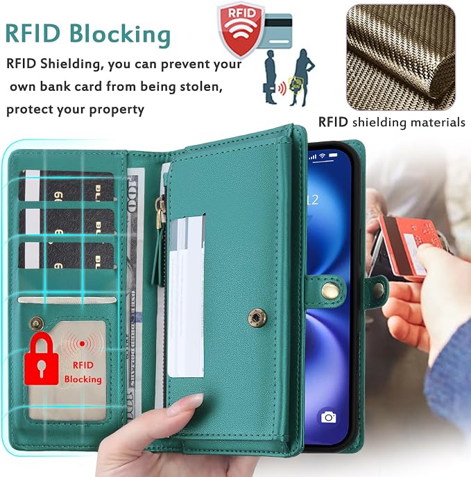 for Wallet Case Compatible with iPhone 16,Multi-Function Detachable 2 in 1 Magnetic iPhone 16 Wallet,Flip Strap Zipper Card Holder Phone Case with Shoulder Straps (Green)