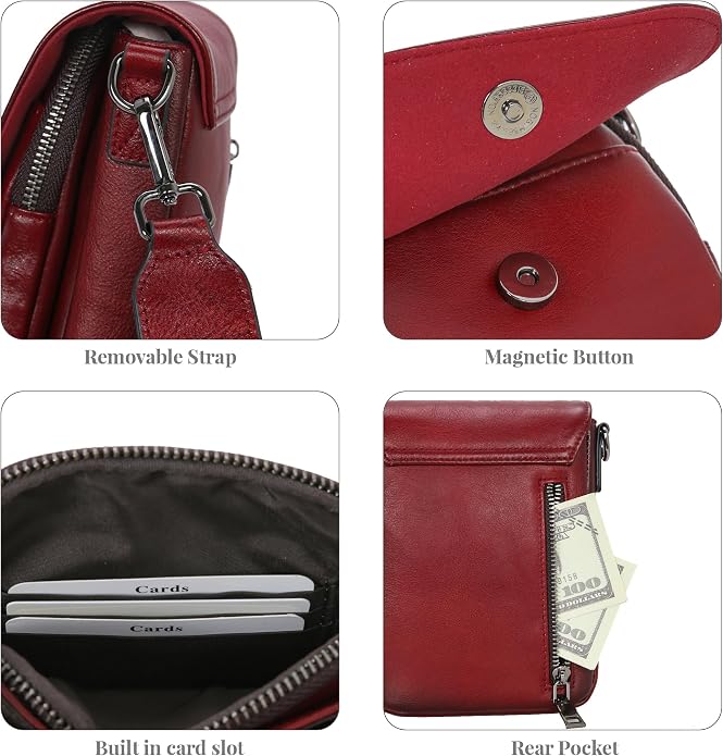 HESHE Leather Small Crossbody Bags for Women RFID Blocking Cell Phone Purse Anti-Theft Travel Bag with wide Straps