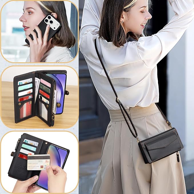Compatible with iPhone 17 Pro 6.3" Wallet Case with RFID Blocking Card Holder for Women, PU Leather Flip Zipper Wallet Detachable Magnetic Phone Case Crossbody Strap, Black