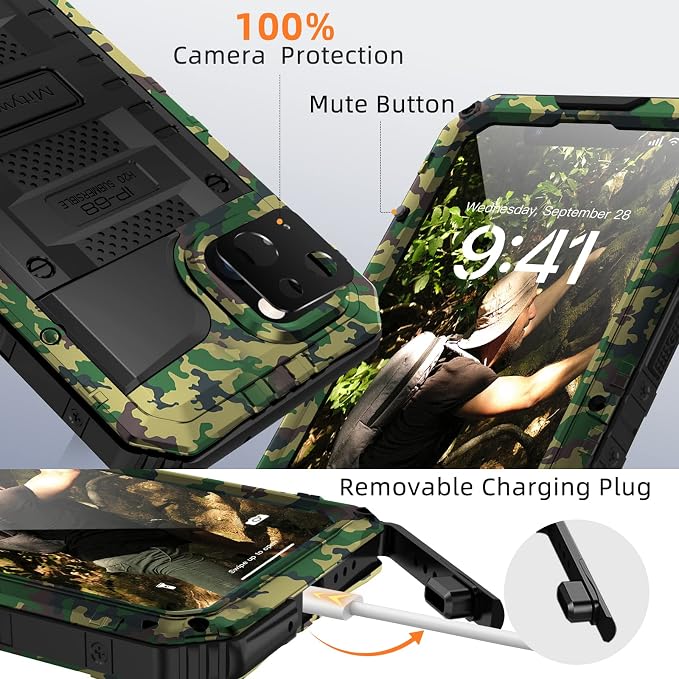 Mitywah Waterproof Case for iPhone 14, Heavy Duty Shockproof Case with Built-in Screen Protector, Full Body Underwater Protective Metal Case 6.1 inch, Camouflage