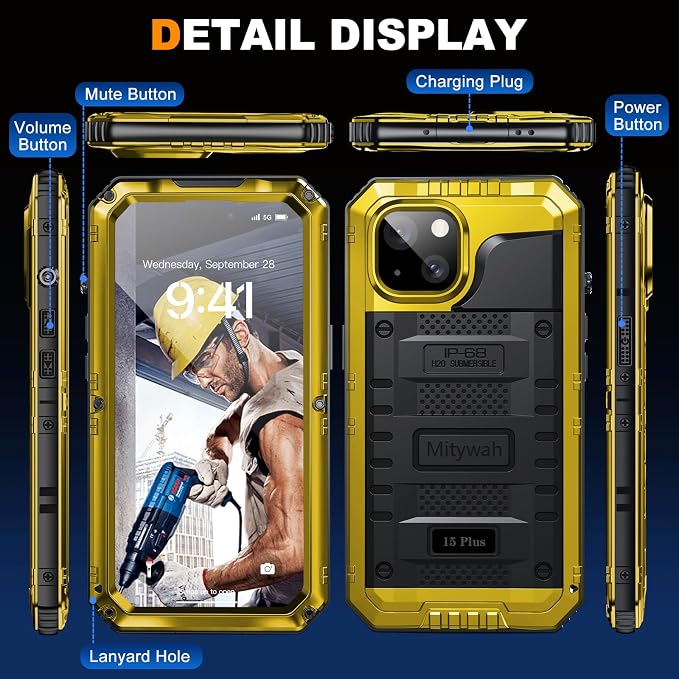 Mitywah Waterproof Case for iPhone 15 Plus, Heavy Duty Shockproof Case with Built-in Screen Protector, Full Body Underwater Protective Metal Case 6.1 inch, Yellow