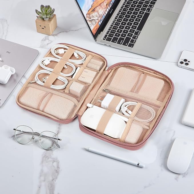 NISHEL Travel Cord Organizer, Electronic Cable Accessories Storage Bag | Bag for chargers, cables, phones, hard drives, USB devices and SD cards, ideal for travel and daily use, Rosewood-Pink