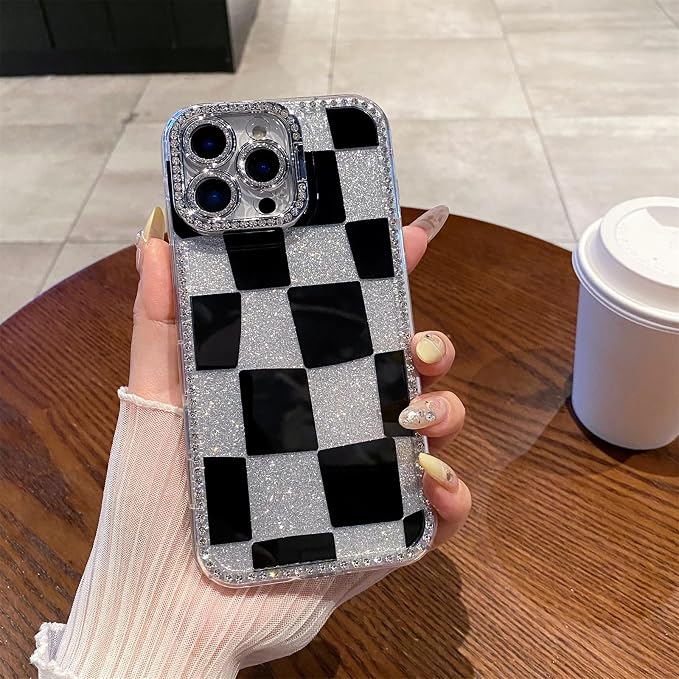 for iPhone 16 pro max Case Glitter Camera Lens Protector Phone Case for Women Girls Aesthetic Design TPU Shockproof Protective Case (Checkered)
