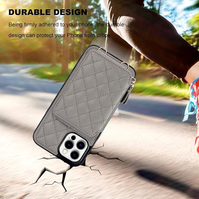 Bocasal Crossbody Wallet Case for iPhone 12 Pro Max, RFID Blocking PU Leather Zipper Handbag Purse Flip Cover, Kickstand Folio Case with Card Slots Holder Wrist Strap Lanyard 5G 6.7 Inch (Grey)