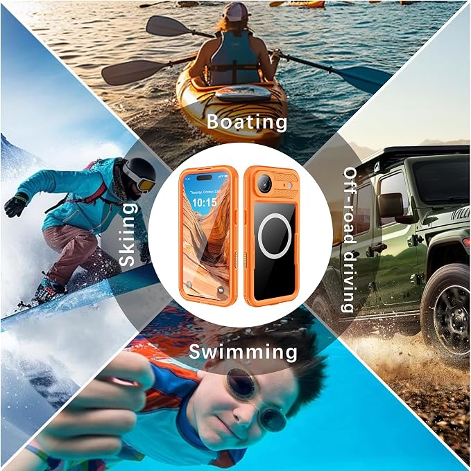 GOLDJU Magnetic for iPhone Air Case-Waterproof, Built-in Screen & Camera Protector-IP68 Underwater Full Body 16FT Military Dropproof Shockproof Case for iPhone 17 Air 6.5''- Orange