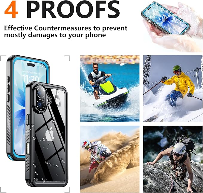 SPIDERCASE for iPhone 17 Case Waterproof, Built-in Lens & Screen Protector, Full Heavy Duty Protection, 12FT Military Shockproof, Dustproof, Anti-Scratched Phone Case,Blue/Clear