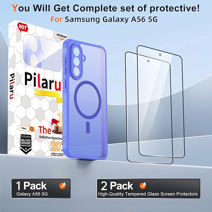 Compatible for Samsung Galaxy A56 5G Phone Case: A56 Case with 2PC Tempered Glass Screen Protector, Wireless Charging Matte Translucent Soft-Touch & Full Body Shockproof para Case Galaxy A56,Sky Blue