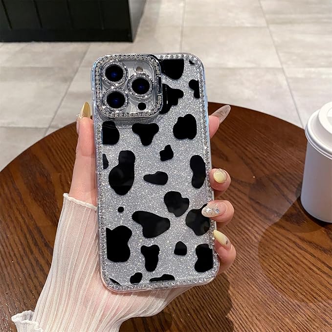 for iPhone 16 pro max Case Glitter Camera Lens Protector Phone Case for Women Girls Aesthetic Design TPU Shockproof Protective Case (Cow)