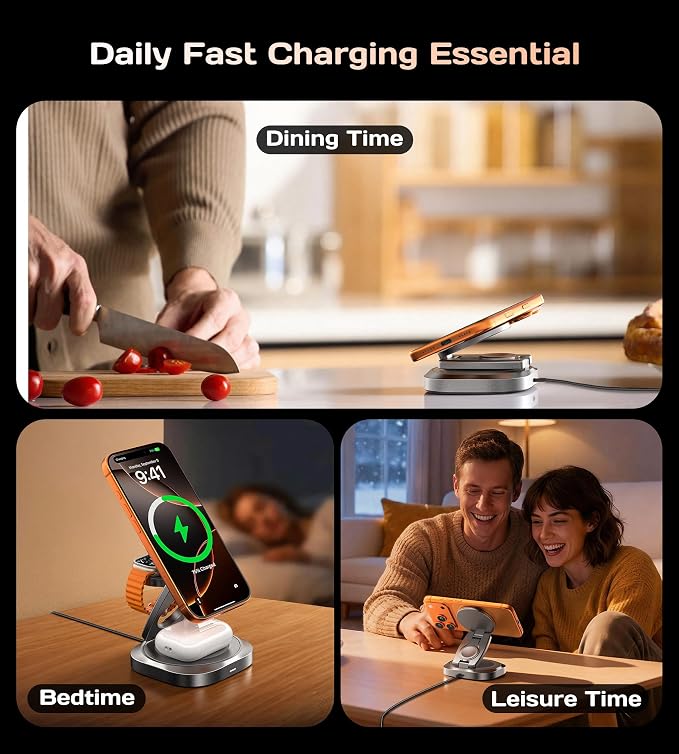 Qi2.2 25W 3-in-1 Wireless Charger for iPhone 17/16 Series, Foldable Wireless Charging Station Compatible with MagSafe, 360° Swivel Zinc Alloy Base for Apple Watch & AirPods (45W Adapter Included)