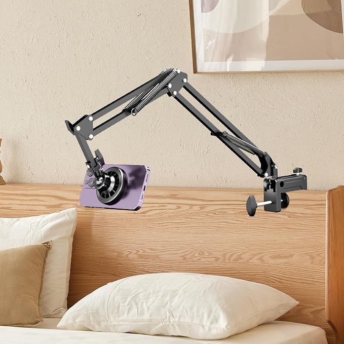 Gooseneck Bed Phone Holder for Magsafe iPhone Stand, Desk Magnetic Phone Arm Mount with Clamp, Adjustable Bedside Laying Down Tablet Mount Compatible with Kindle iPhone 15 14 13 12
