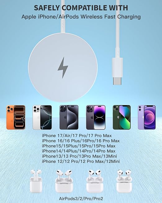 Wireless Magnetic Charger,2Pack Fast Apple Mag-Safe Charger iPhone Magnet Charging Pad Flat Mag Safe Charging for iPhone 17Pro Max/16 Pro Max/16Pro/16/15Pro Max/15 Plus/14/13/12/AirPods 3/2/Pro/Pro 2