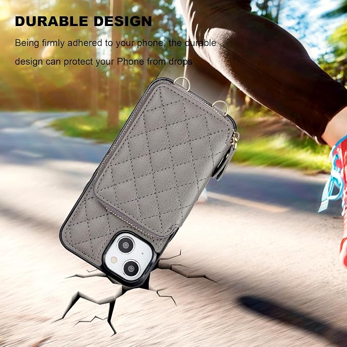 Bocasal Crossbody Wallet Case for iPhone 14, RFID Blocking PU Leather Zipper Handbag Purse Flip Cover, Kickstand Folio Case with Card Slots Holder Wrist Strap Lanyard 5G 6.1 Inch (Grey)