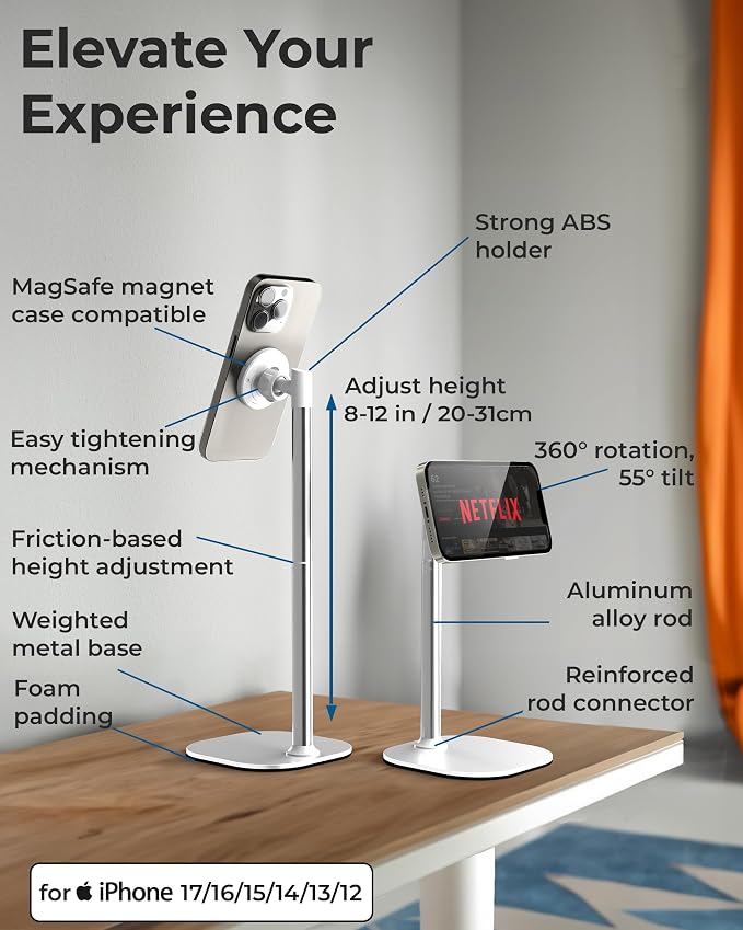 COOPER MagStand - iPhone Stand for Desk & Video Recording, Compatible with MagSafe, Stand for iPhone 17 Pro Max Plus, 16/15/14/13/12 (x2 Pack - Frost White)