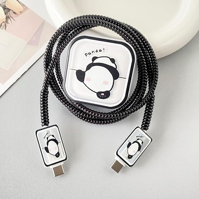Charger Cover Protection Set, Compatible with Apple 40W Dynamic Power Adapter (with 60W Max), Fun & Adorable Flexible TPU Charger Case + Spiral Data Cable Protector, Cute Panda Butt (5in1)