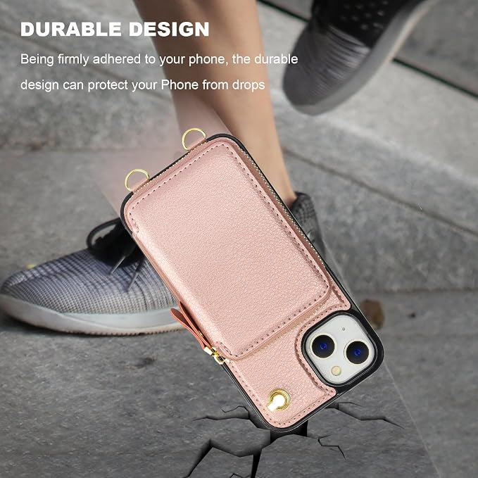 Bocasal for MagSafe Crossbody Wallet Case Compatible with iPhone 14 iPhone 13, RFID Blocking Protective Purse Case with Card Slots Holder Kickstand Wrist Strap Lanyard Zipper 6.1 Inch 5G (Rose Gold)