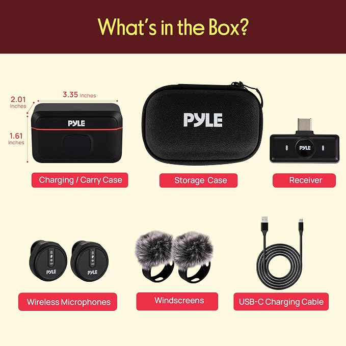 Pyle Wireless Lavalier Microphone System | Noise-Canceling Clip-On Mic with Magnetic Mount, 8H Battery, Charging Case, Windscreens | USB-C Plug & Play for Vlogging, Interviews, Streaming & Podcasts