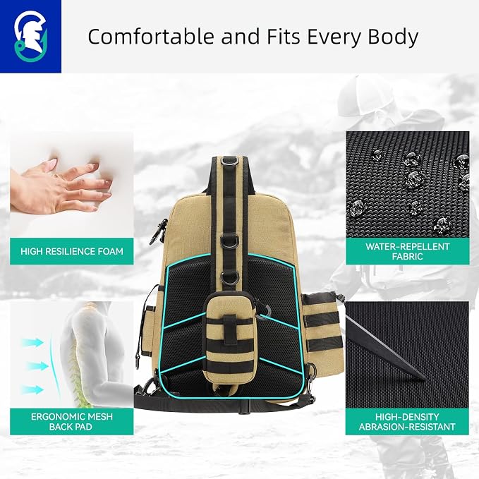 22L Fly Fishing Sling Bag - Fits 3x 3700 Tackle Boxes, 12 D-Rings, Rod Holster, Water Bottle Holder, Phone Pocket (Tan)
