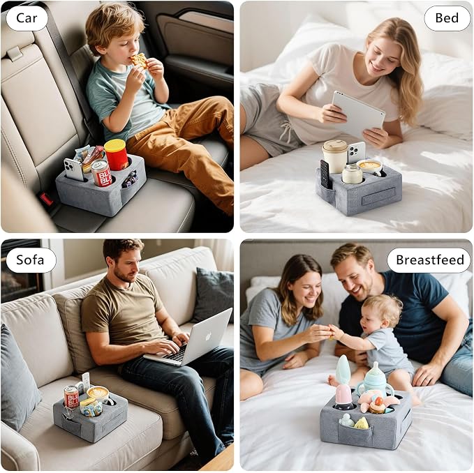 Luxspire Couch Cup Holder Tray, Couch Cup Holder Pillow with 4 Holes, Side Pocket and Handle, Couch Caddy Pillow for Phone/Drinks/Remote Control/Snacks, Gray