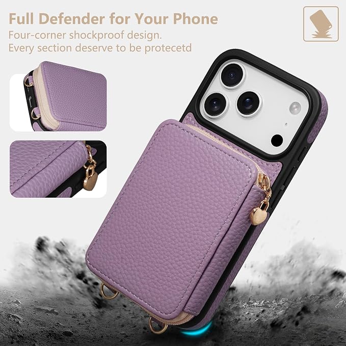 Keallce Case for iPhone 17 Pro 6.3'' Case Wallet, Crossbody Zipper Purse with RFID Blocking Card Slots Kickstand, Lanyard & Handstrap Flip Folio Leather Phone Cover for iPhone 17 Pro, Purple