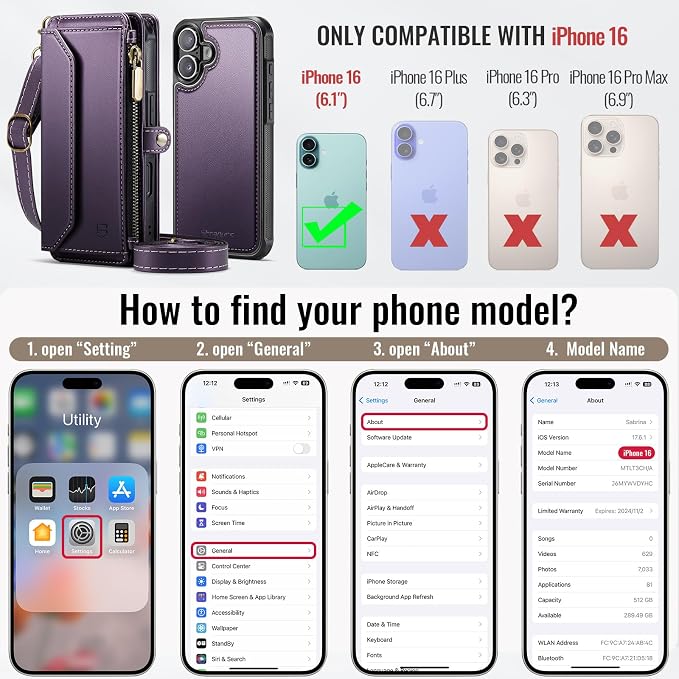 Strapurs for iPhone 16 Detachable Wallet Case Compatible with Magsafe for Women, RFID Blocking 9-Card Holder Zipper Wrist Strap Lanyard PU Leather Magnetic Phone Case for iPhone 16 6.1", Purple