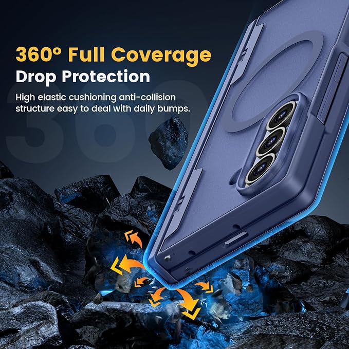 Caka Magnetic for Samsung Galaxy Z Fold 7 Case with Hinge Protection Blue | Compatible with MagSafe, Built-in Outer Screen Protector, Hinge Guard, Translucent Matte Back, 360° Hybrid Drop Defense