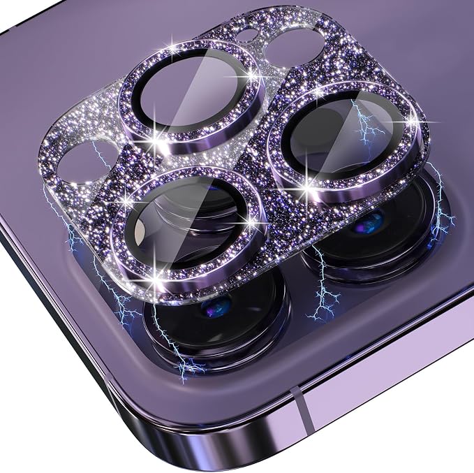 Choiche for iPhone 14 Pro/iPhone 14 Pro Max Camera Lens Protector, Bling Camera Cover with 9H Tempered Glass Lens Screen Protector Metal Ring Decoration Accessories (Glitter-Purple)