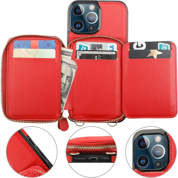 Bocasal RFID Blocking Wallet Case for iPhone 13 Pro Max, Adjustable Crossbody Zipper Purse with Kickstand and Detachable Wrist Strap, PU Leather Flip Folio Case 6.7 Inch 5G (Red)