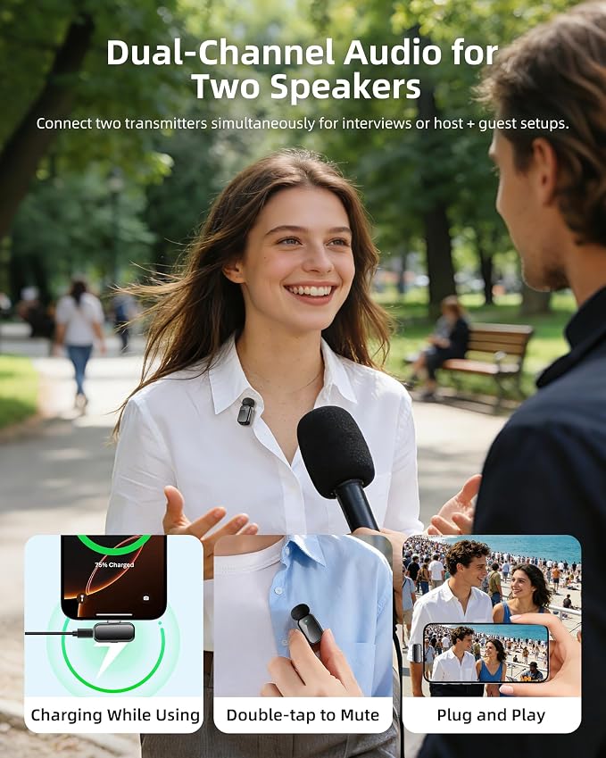 Mini Wireless Lavalier Microphone for iPhone Android Camera, Dual Channel Wireless Microphones with AI Noise Cancellation, 328ft Range, 36H Battery Case, Type-C, Lightning & USB Plug & Play