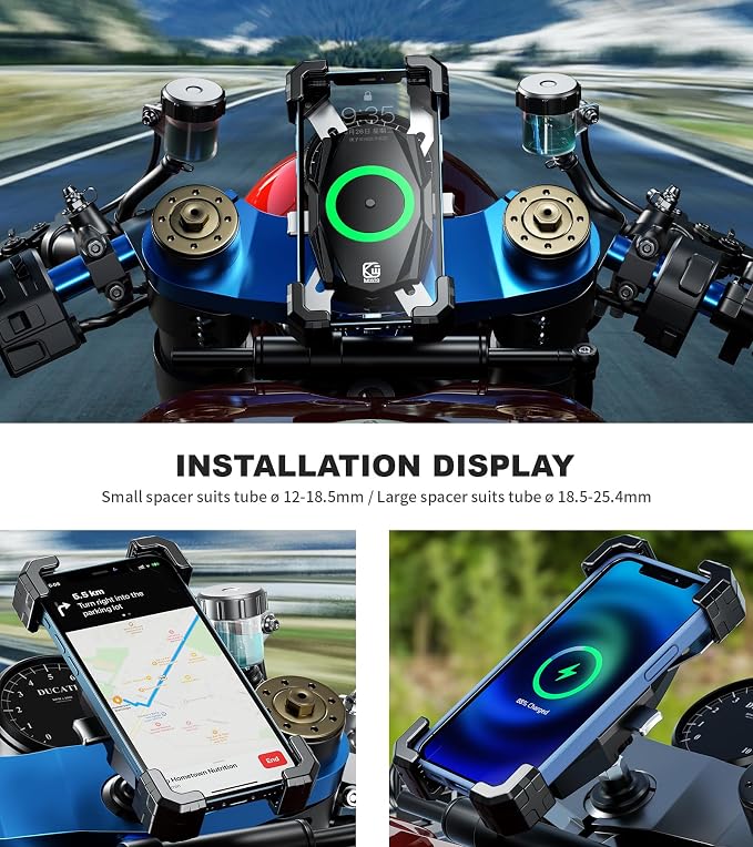 Kewig Motorcycle Fork Stem Phone Mount with Qi 15W Wireless Charger & USB C 20W Fast Charging Port, One-Push Automatically Lock & Quick Release Handlebar Phone Holder for 4.0-6.9" Phone
