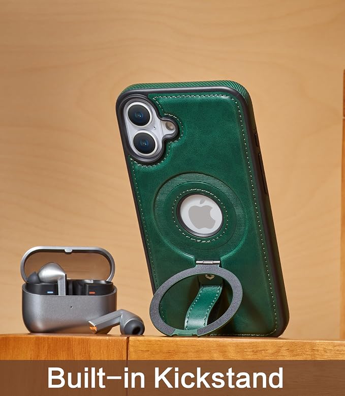 for iPhone 16 Leather Case with Stand, Anti-Slip Grip Ring, Fits for MagSafe (Green, iPhone 16)