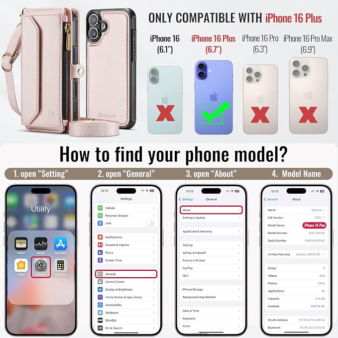 Strapurs for iPhone 16 Plus Detachable Wallet Case Compatible with Magsafe, RFID Blocking 9-Card Holder Zipper Wrist Strap Lanyard PU Leather Magnetic Phone Case for iPhone 16 Plus 6.7", Rose Gold