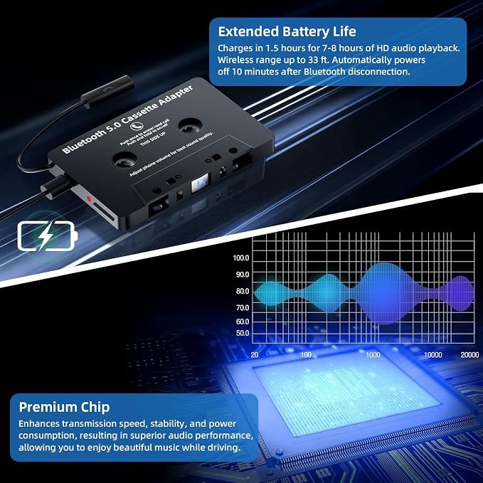 Car Bluetooth Cassette Reciver, Tape Player BT 5.0 Cassette Aux Adapter with Hands-Free