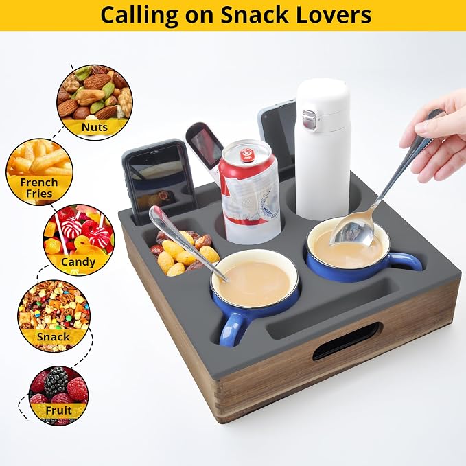 KindGa Couch Cup Holder, Waterproof Anti-Spill Couch Drink Holder for Snacks Beverage Remote, Food Grade Silicone Wooden Couch Caddy for Bed Car Seat Beach Tray (Gray)
