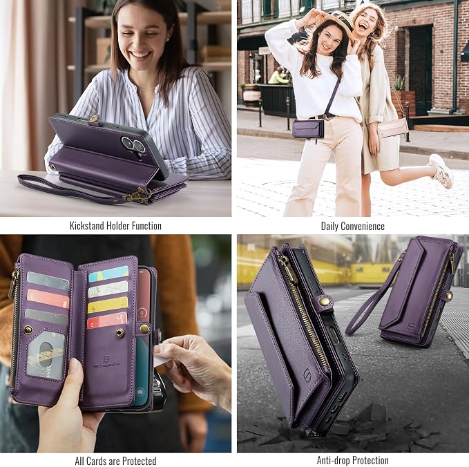 Strapurs Wallet Case Compatible with iPhone 16 Plus 6.7" RFID Blocking 10-Card Holder Soft PU Leather Magnetic Snap Shoulder Strap Zipper Pocket Phone Case Fit for iPhone 16 Plus - Purple